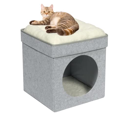 Bonlife Winter Felt Small Cat House Indoor,Foldable Pets Bed Cave Kennel with Two Move Cushion,Dog Bed Warm Comfortable