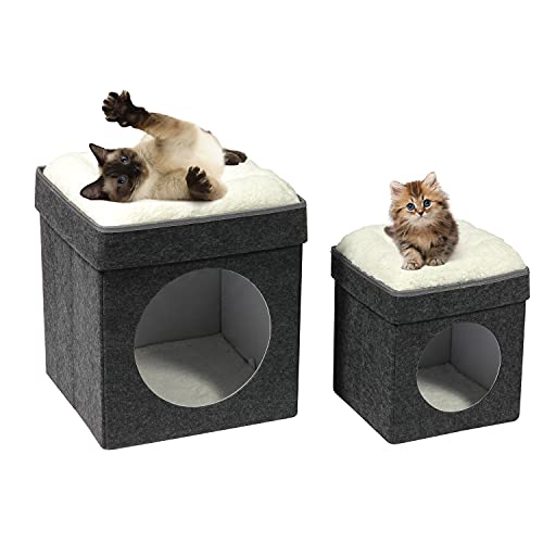 Bonlife Winter Felt Small Cat House Indoor,Foldable Pets Bed Cave Kennel with Two Move Cushion,Dog Bed Warm Comfortable