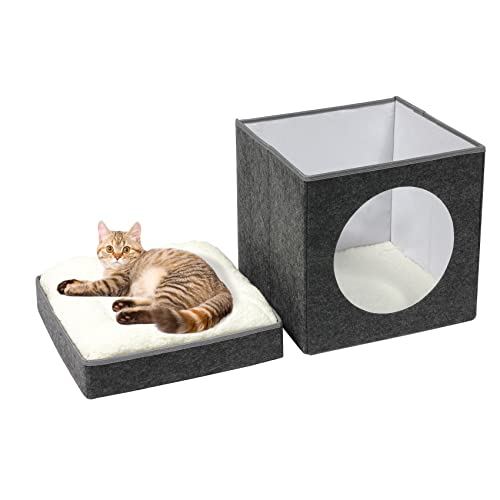 Bonlife Winter Felt Small Cat House Indoor,Foldable Pets Bed Cave Kennel with Two Move Cushion,Dog Bed Warm Comfortable