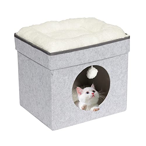 Bonlife Winter Felt Small Cat House Indoor,Foldable Pets Bed Cave Kennel with Two Move Cushion,Dog Bed Warm Comfortable