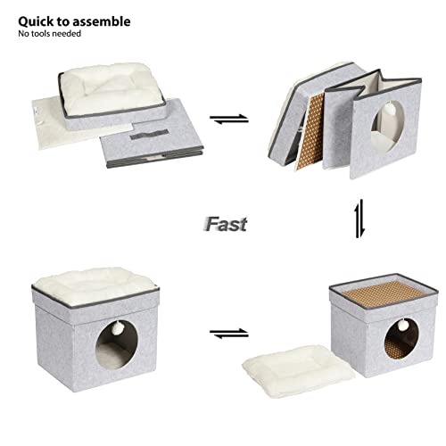 Bonlife Winter Felt Small Cat House Indoor,Foldable Pets Bed Cave Kennel with Two Move Cushion,Dog Bed Warm Comfortable