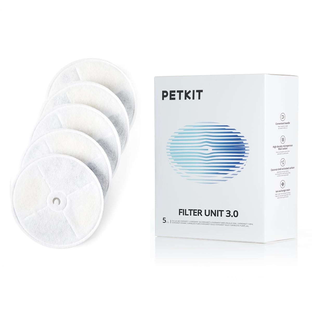PETKIT Upgraded Filter Units 3.0 for PETKIT Pet Water Fountains Eversweet 2S/3/3 Pro,Eversweet Solo/Solo SE Replacement Filters (5pcs)