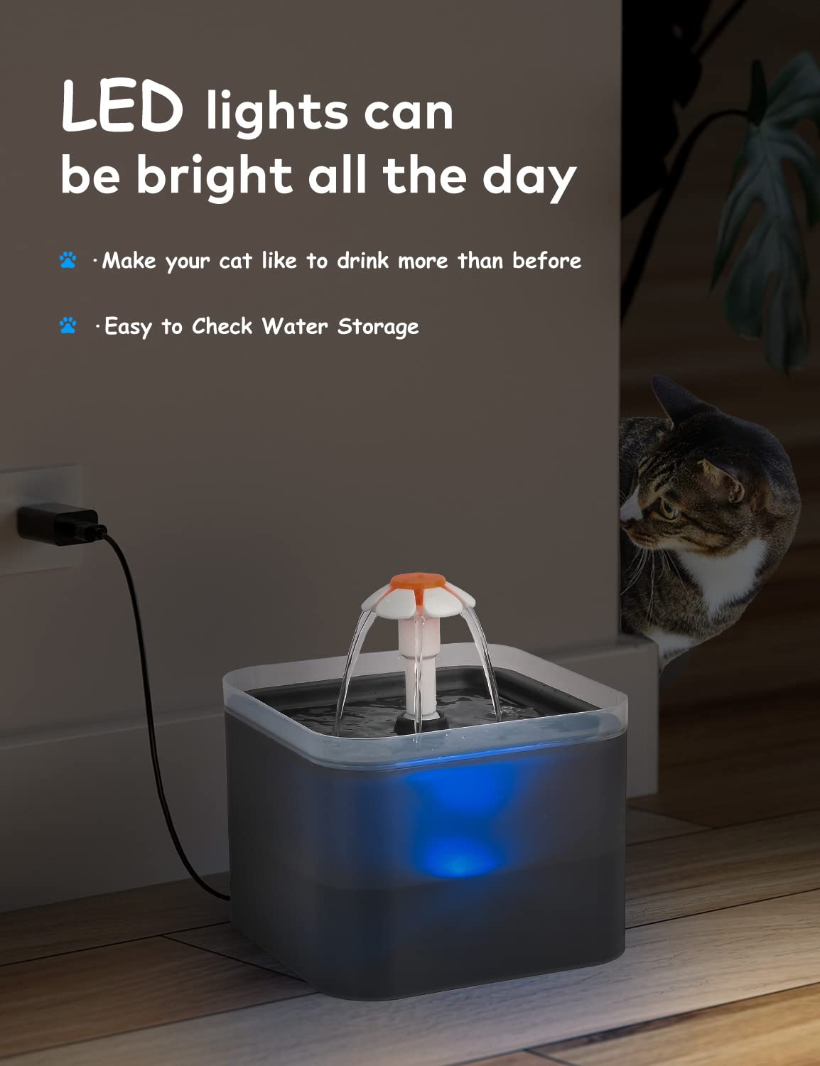 AONBOY Cat Water Fountain, 2L Cat Water Fountain for Drinking, Ultra Silent, LED Light, Activated Carbon Filter, Three Flow Patterns, Living Water Supply, Cat Fountain for Cats and Small Dogs