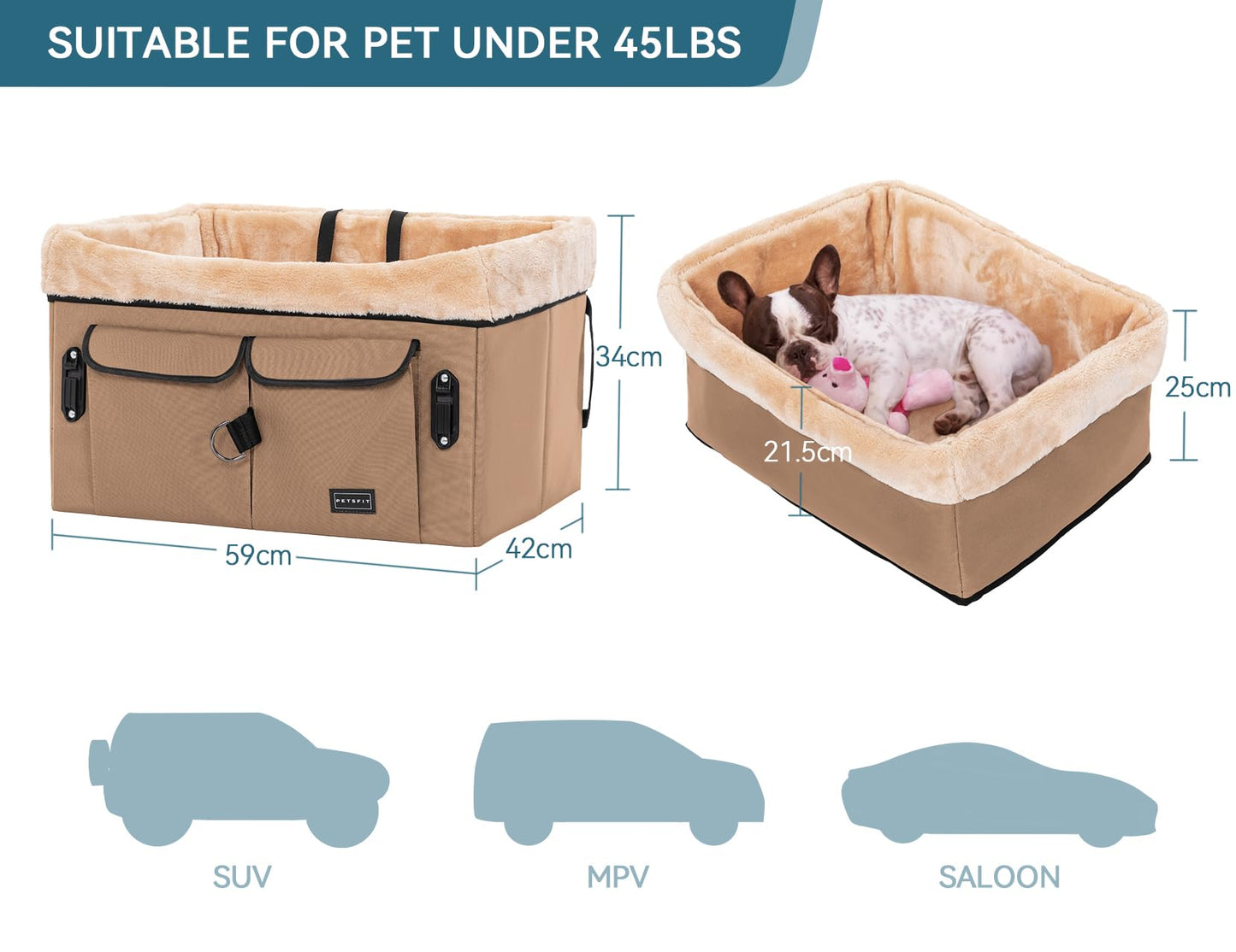 Petsfit Dog Car Seat, Upgraded Dog Booster Seat for Medium Dogs or 2 Small Dogs, Pet Travel Car Booster Seat for Front and Back Seats with Washable Double-Sided Cushion and 2 Safety Leashes