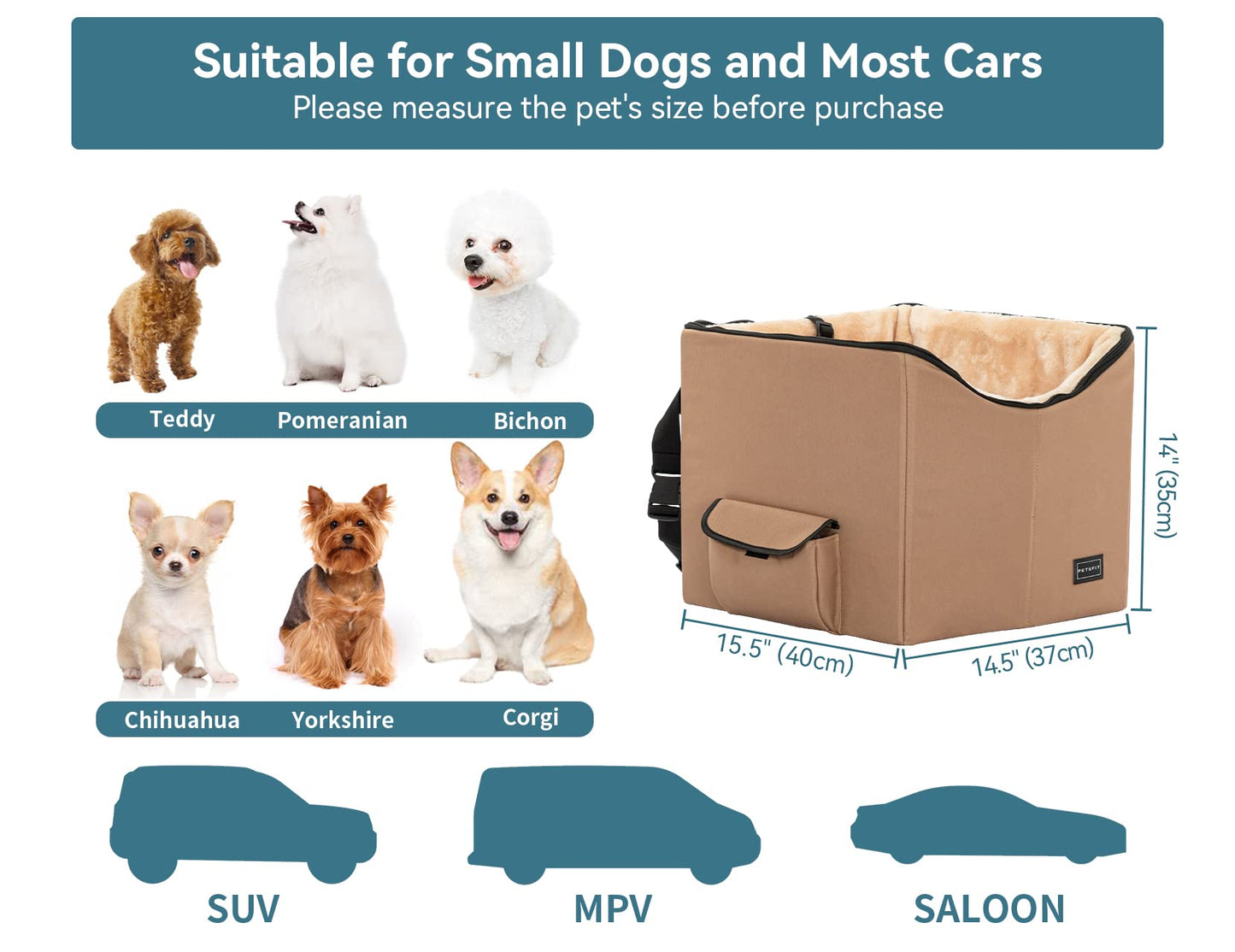 Petsfit Dog Car Seat, Upgraded Dog Booster Seat for Medium Dogs or 2 Small Dogs, Pet Travel Car Booster Seat for Front and Back Seats with Washable Double-Sided Cushion and 2 Safety Leashes