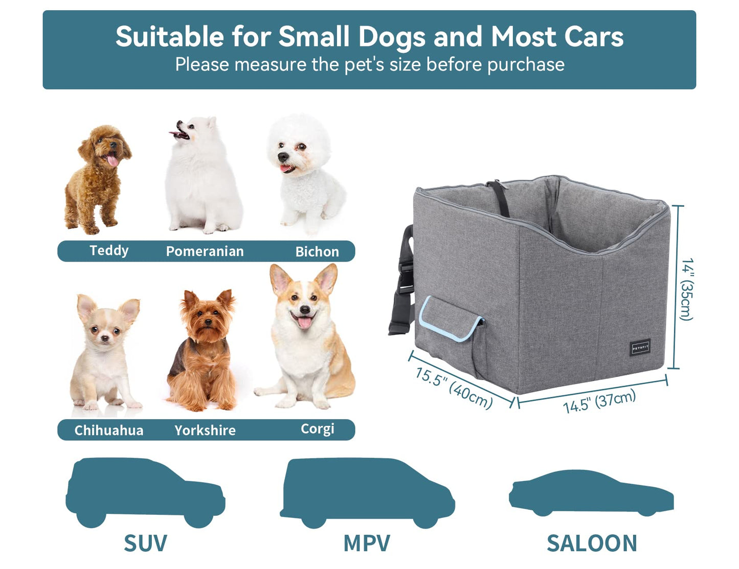 Petsfit Dog Car Seat, Upgraded Dog Booster Seat for Medium Dogs or 2 Small Dogs, Pet Travel Car Booster Seat for Front and Back Seats with Washable Double-Sided Cushion and 2 Safety Leashes