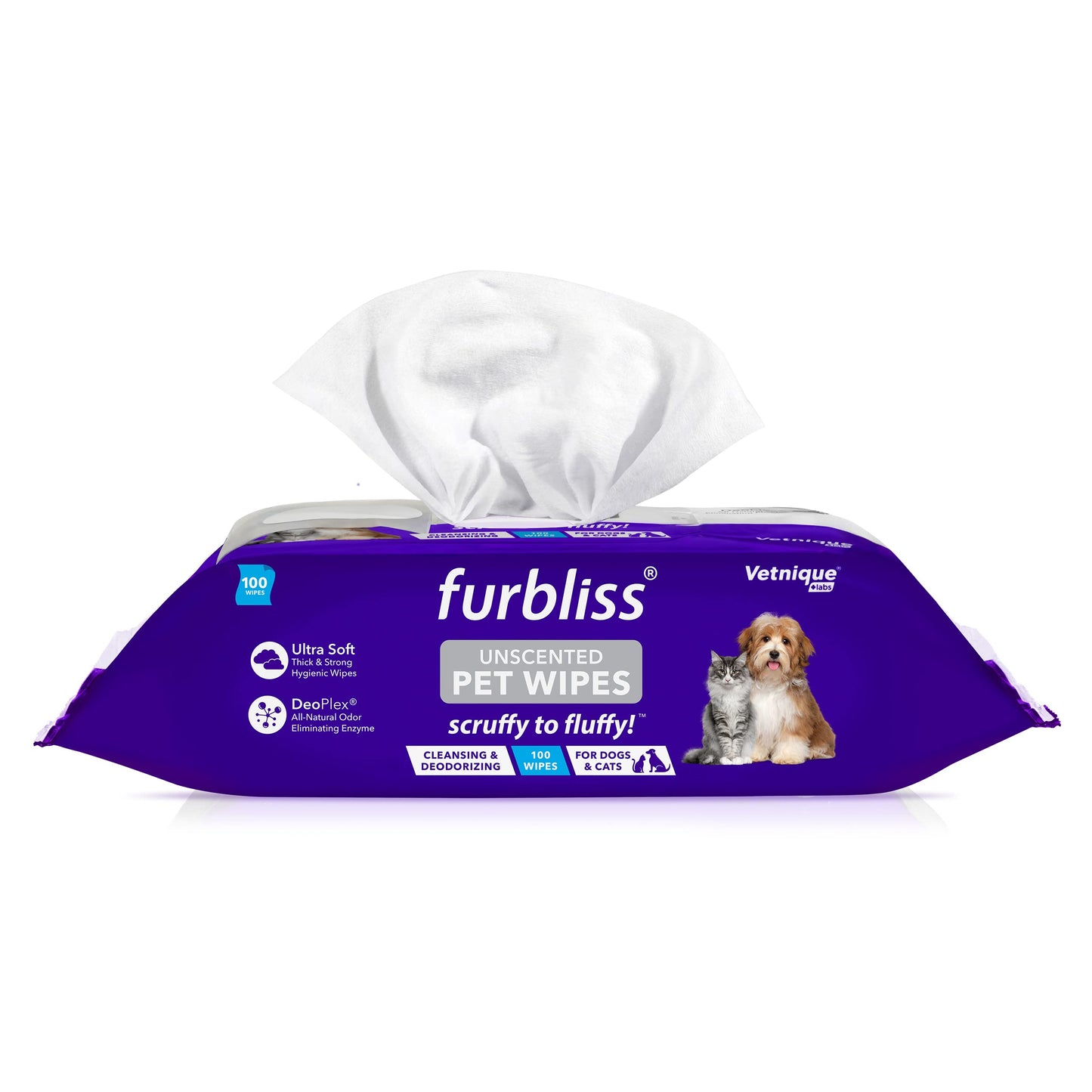 Furbliss Hygienic Pet Wipes for Dogs & Cats, Cleansing Grooming & Deodorizing Hypoallergenic Thick Wipes with All Natural Deoplex Deodorizer, Unscented - by Vetnique Labs … (100 count)