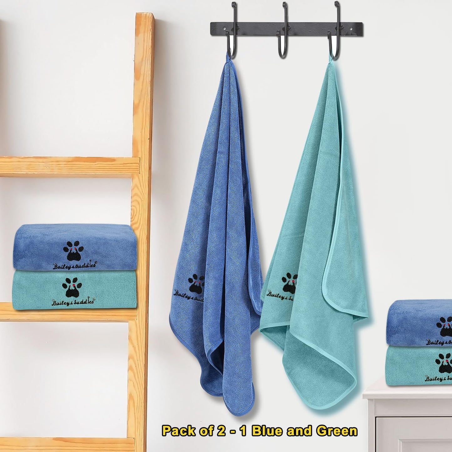 Bailey&buddies® Dog Towels for Drying Dogs - Pack of 2 - Absorbent Soft Microfiber Pet Bath Grooming Towel for Dogs and Cats & other Pet
