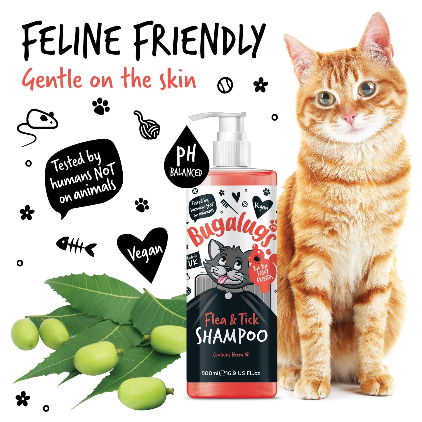 Flea and Tick Cat Shampoo by Bugalugs 500ml, Deep Cleansing Shampoo for Cats for Fleas, Ticks & Mites contains Neem Oil, PH Balanced Vegan, Pet Shampoo