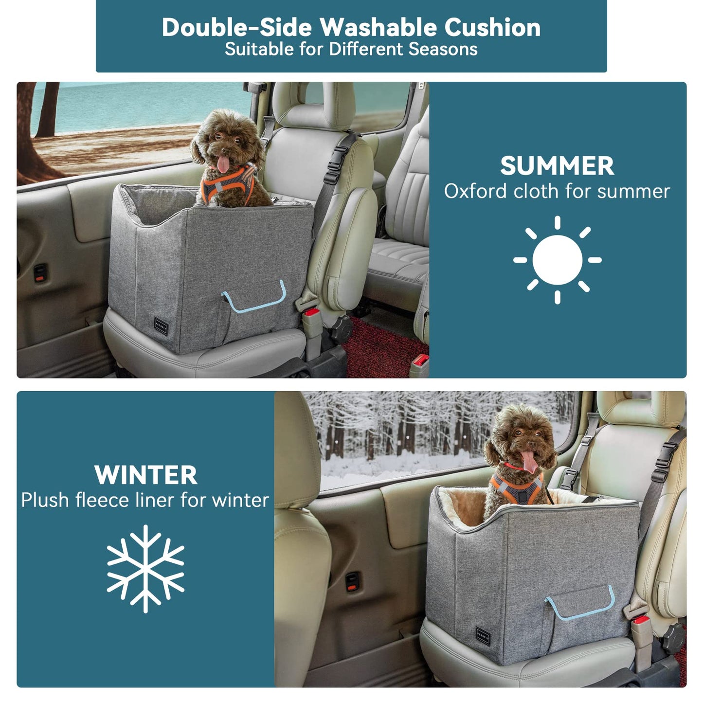Petsfit Dog Car Seat, Upgraded Dog Booster Seat for Medium Dogs or 2 Small Dogs, Pet Travel Car Booster Seat for Front and Back Seats with Washable Double-Sided Cushion and 2 Safety Leashes