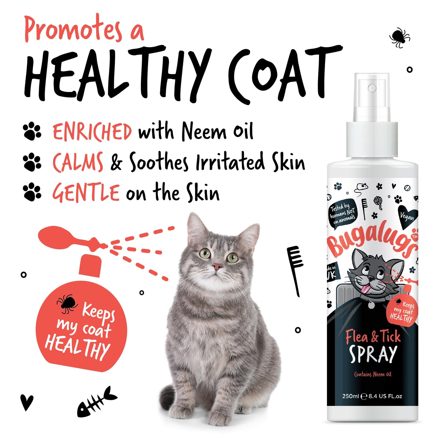 Flea and Tick Cat Shampoo by Bugalugs 500ml, Deep Cleansing Shampoo for Cats for Fleas, Ticks & Mites contains Neem Oil, PH Balanced Vegan, Pet Shampoo