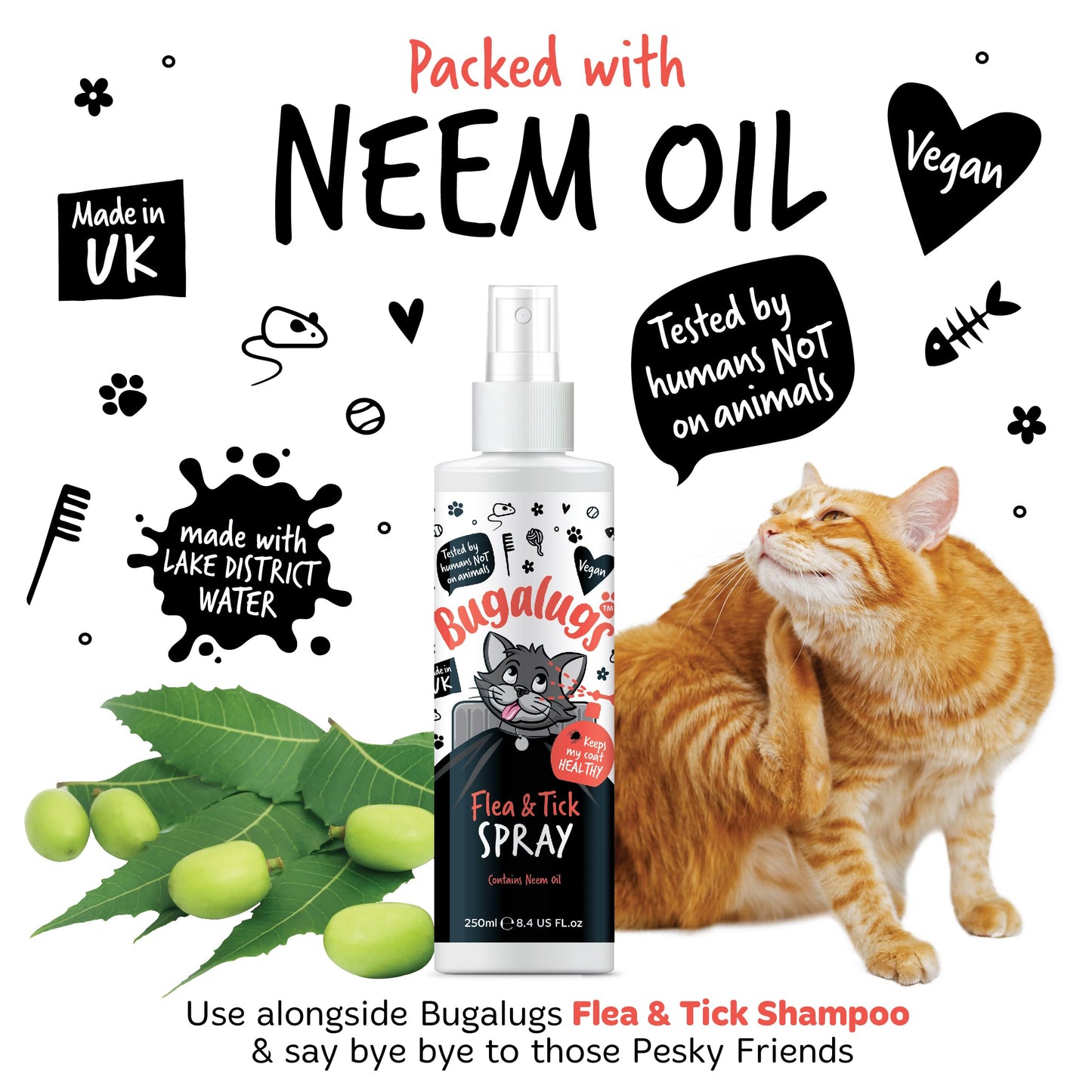 Flea and Tick Cat Shampoo by Bugalugs 500ml, Deep Cleansing Shampoo for Cats for Fleas, Ticks & Mites contains Neem Oil, PH Balanced Vegan, Pet Shampoo