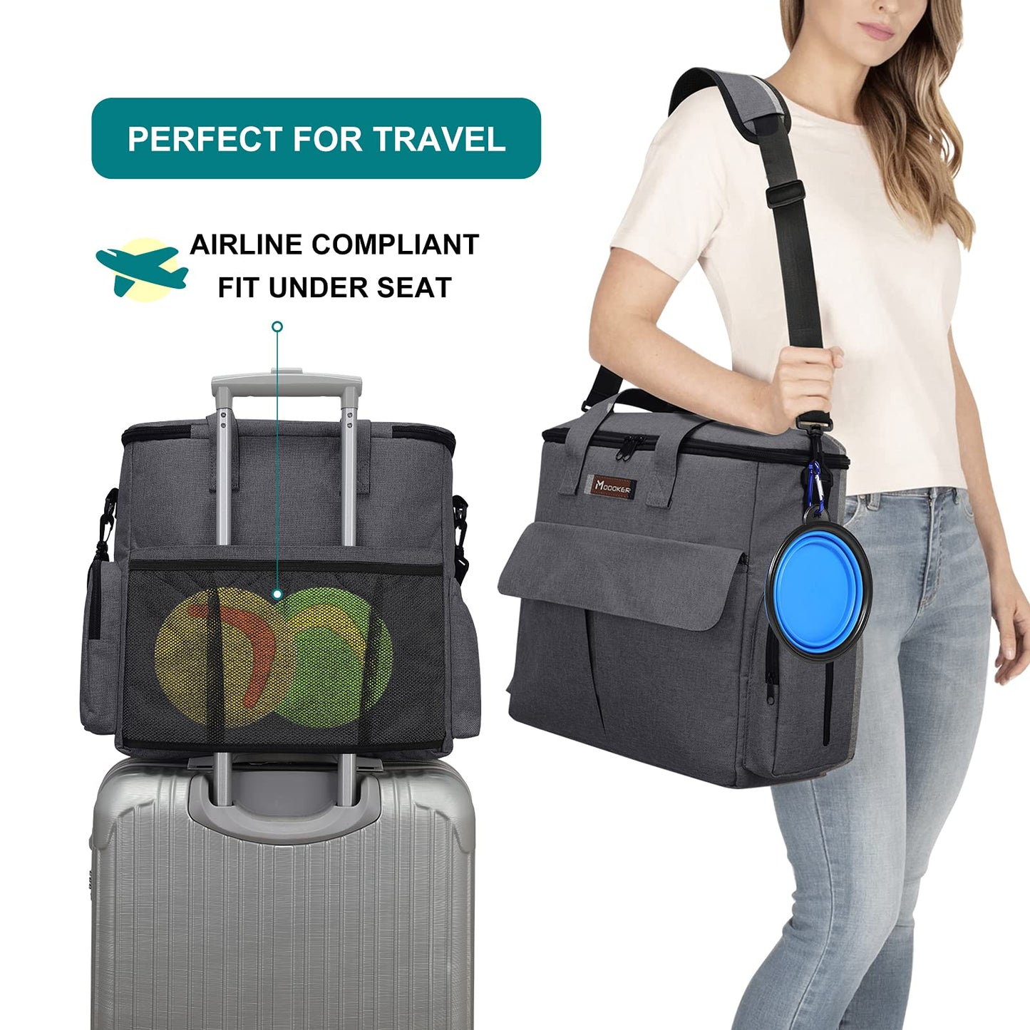 MODOKER Airline Approved Pet Travel Bag, Weekend Travel Set for Dog and Cat, Tote Organizer with Multi-Function Pockets