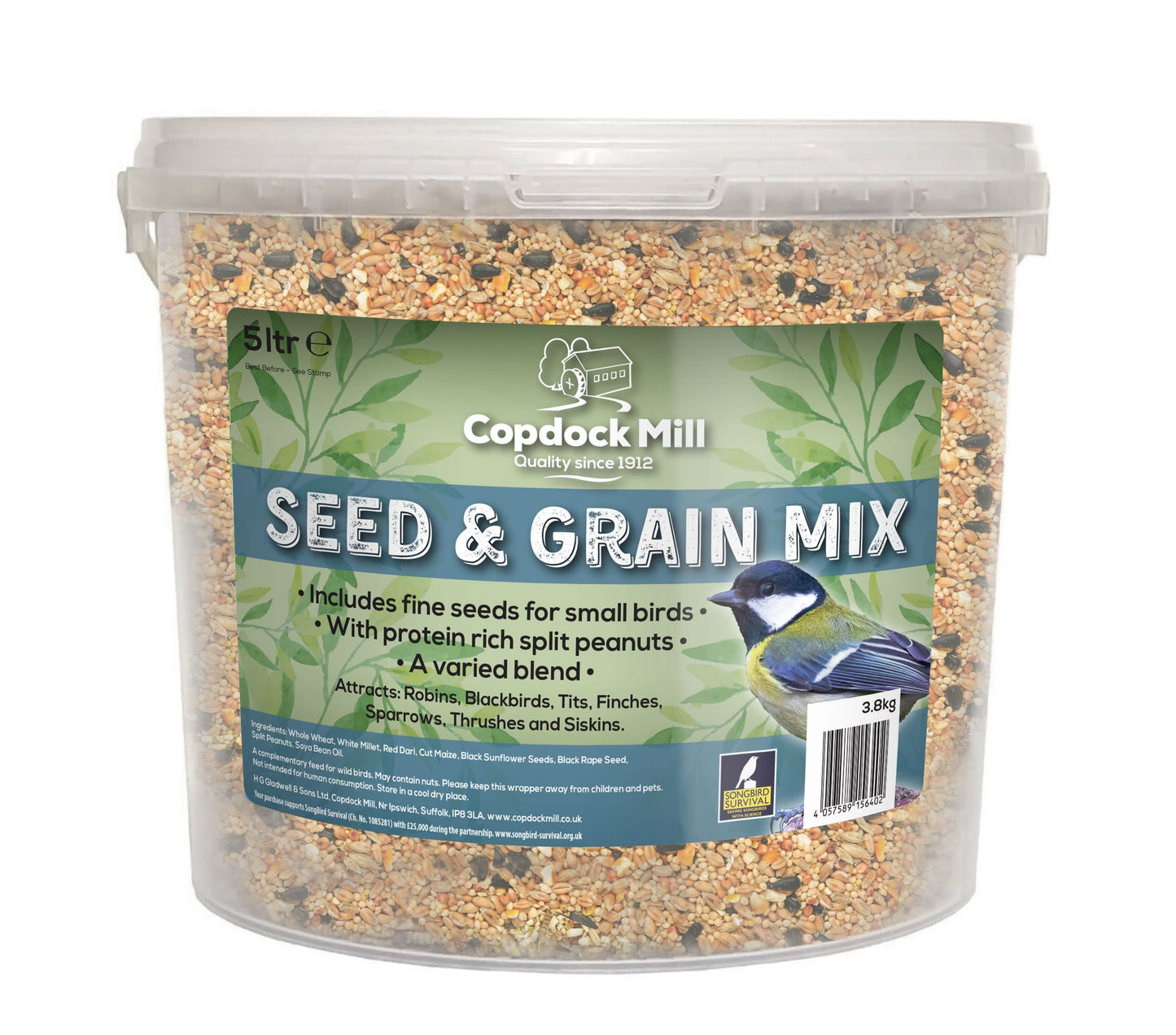 Copdock Mill Wild Bird Seed & Grain Mix Bag – All Year-Round High-Energy Wild Bird Food – 100% Natural Ingredients Including Sunflower Seeds and Peanuts
