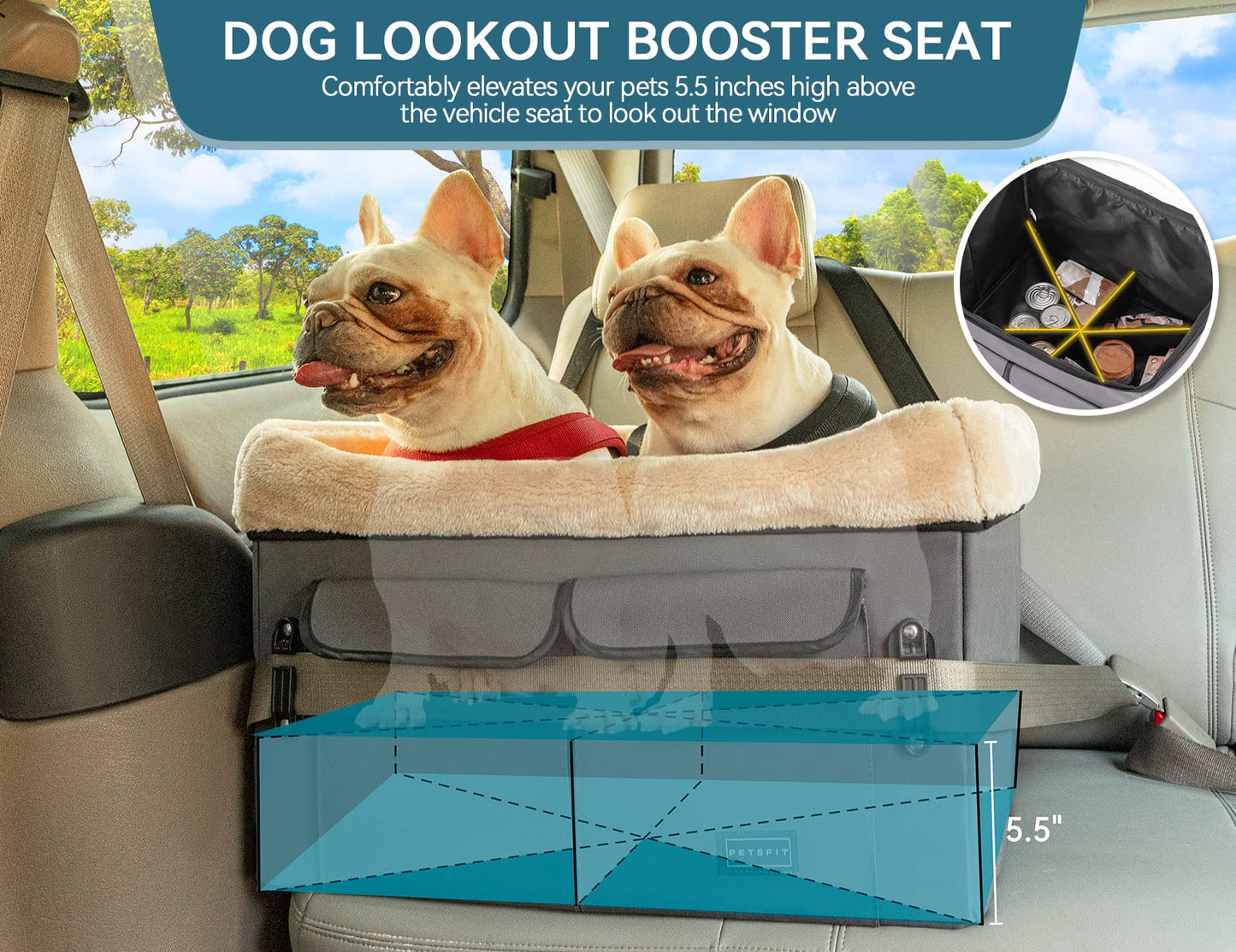Petsfit Dog Car Seat, Upgraded Dog Booster Seat for Medium Dogs or 2 Small Dogs, Pet Travel Car Booster Seat for Front and Back Seats with Washable Double-Sided Cushion and 2 Safety Leashes