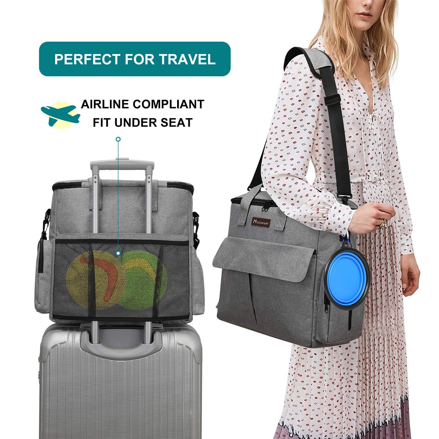MODOKER Airline Approved Pet Travel Bag, Weekend Travel Set for Dog and Cat, Tote Organizer with Multi-Function Pockets