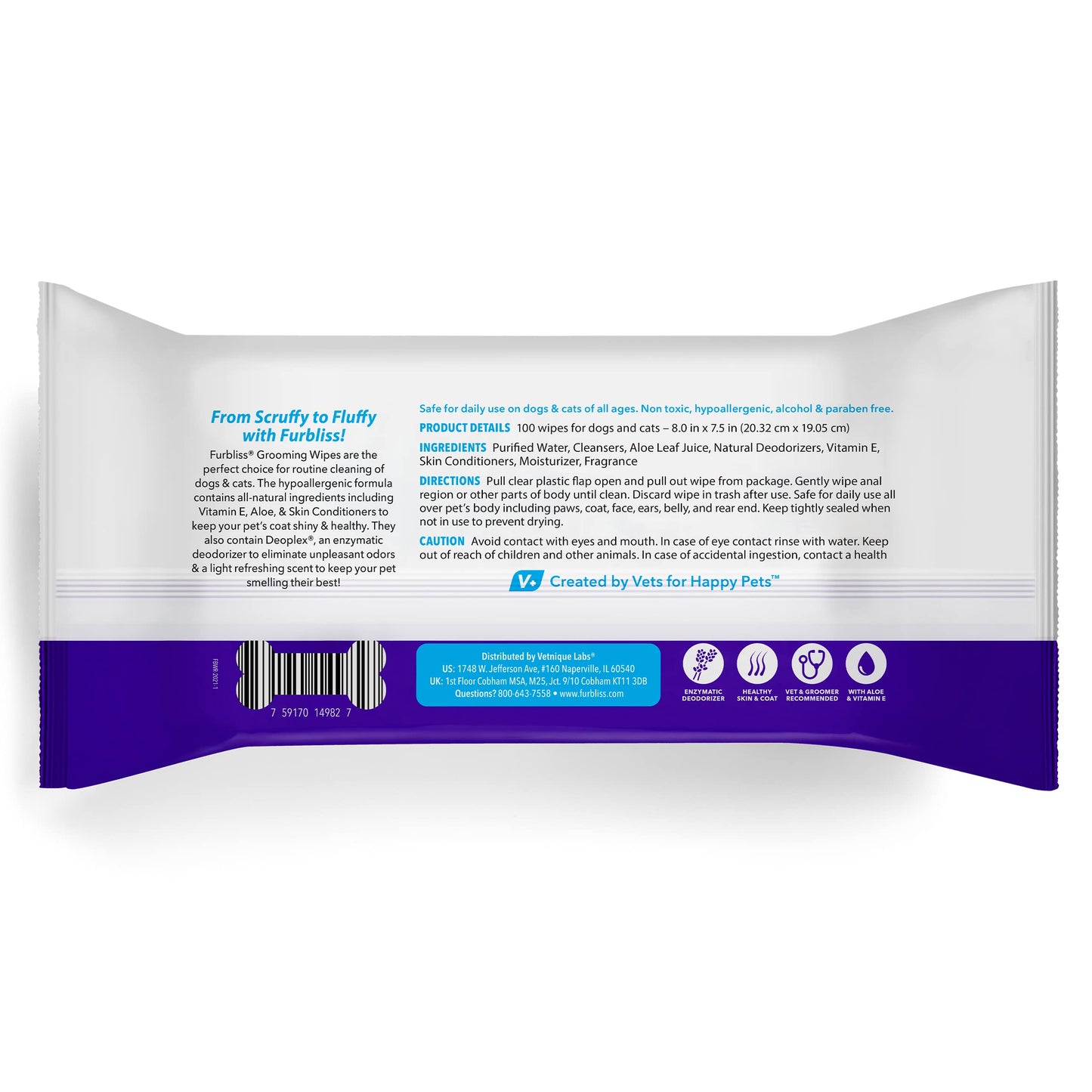 Furbliss Hygienic Pet Wipes for Dogs & Cats, Cleansing Grooming & Deodorizing Hypoallergenic Thick Wipes with All Natural Deoplex Deodorizer, Unscented - by Vetnique Labs … (100 count)