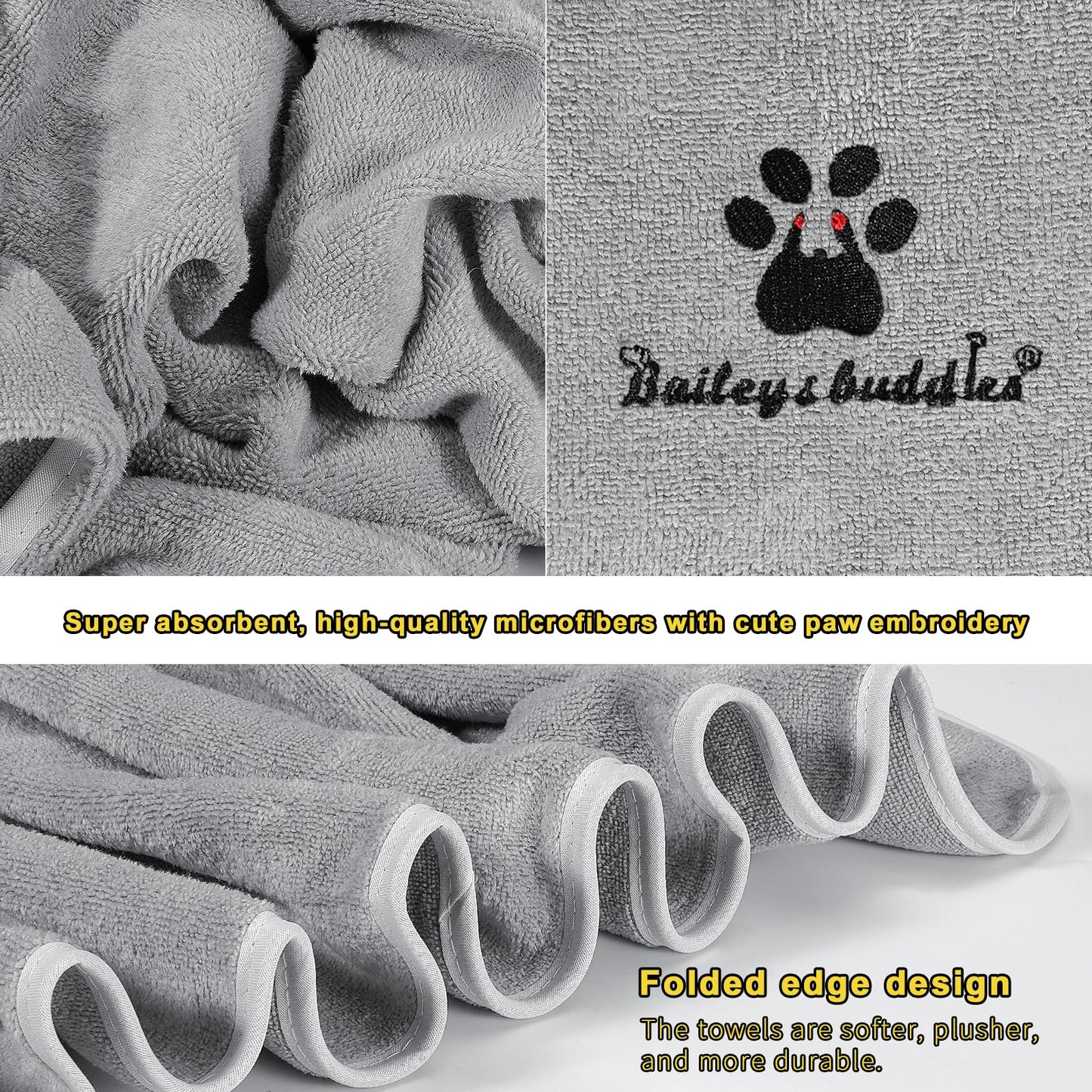 Bailey&buddies® Dog Towels for Drying Dogs - Pack of 2 - Absorbent Soft Microfiber Pet Bath Grooming Towel for Dogs and Cats & other Pet