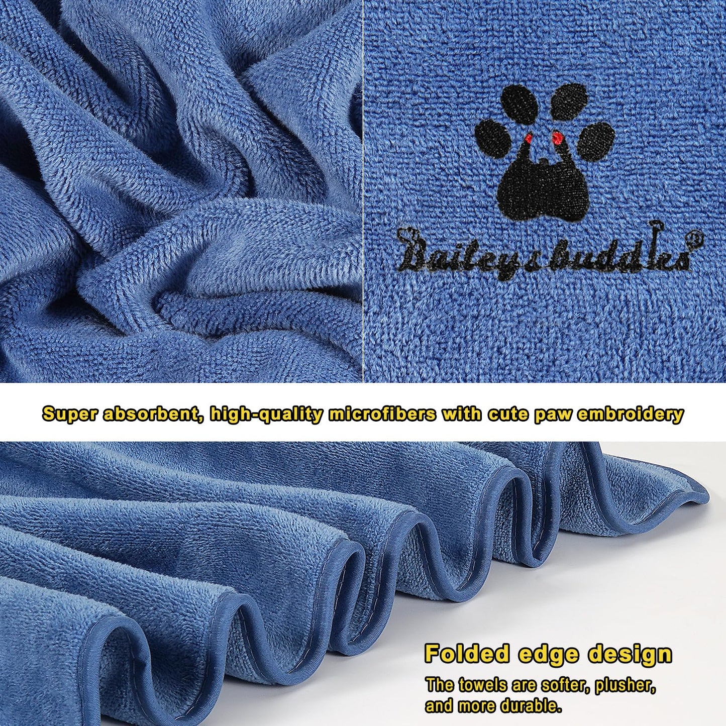 Bailey&buddies® Dog Towels for Drying Dogs - Pack of 2 - Absorbent Soft Microfiber Pet Bath Grooming Towel for Dogs and Cats & other Pet