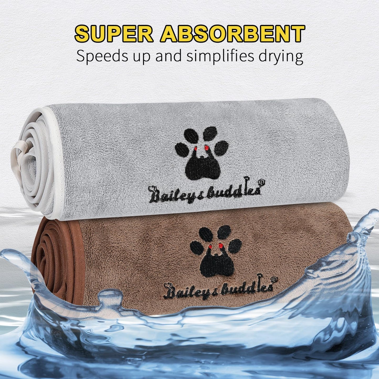 Bailey&buddies® Dog Towels for Drying Dogs - Pack of 2 - Absorbent Soft Microfiber Pet Bath Grooming Towel for Dogs and Cats & other Pet