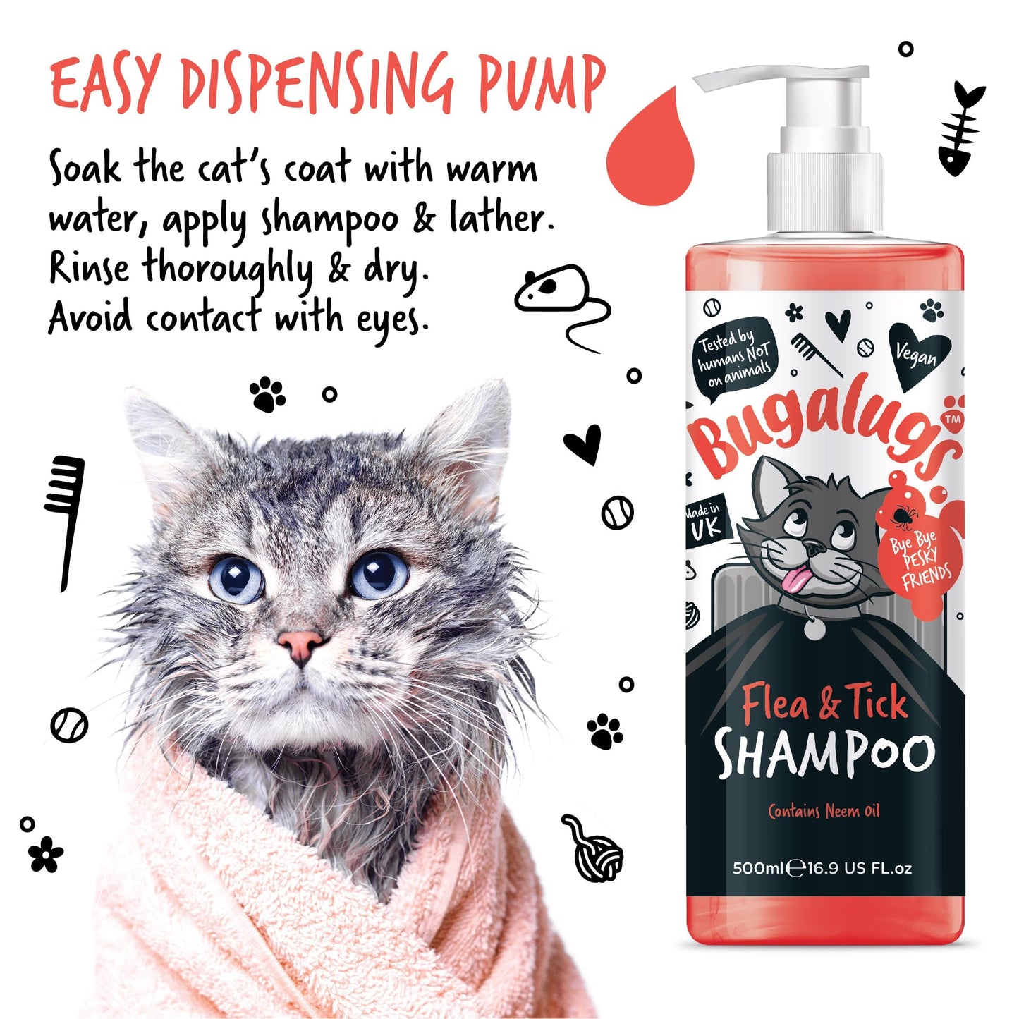 Flea and Tick Cat Shampoo by Bugalugs 500ml, Deep Cleansing Shampoo for Cats for Fleas, Ticks & Mites contains Neem Oil, PH Balanced Vegan, Pet Shampoo