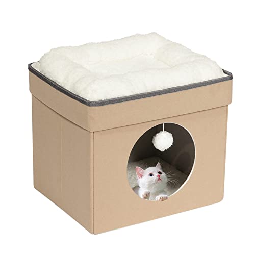 Bonlife Winter Felt Small Cat House Indoor,Foldable Pets Bed Cave Kennel with Two Move Cushion,Dog Bed Warm Comfortable