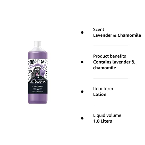 Dog Shampoo by Bugalugs lavender & chamomile 4 in 1 dog grooming shampoo products for smelly dogs with fragrance, best puppy shampoo, professional groom Vegan pet shampoo & conditioner