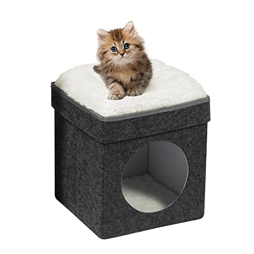 Bonlife Winter Felt Small Cat House Indoor,Foldable Pets Bed Cave Kennel with Two Move Cushion,Dog Bed Warm Comfortable