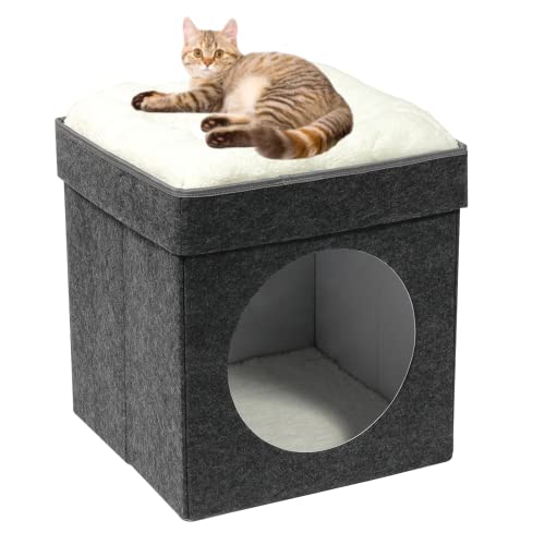Bonlife Winter Felt Small Cat House Indoor,Foldable Pets Bed Cave Kennel with Two Move Cushion,Dog Bed Warm Comfortable