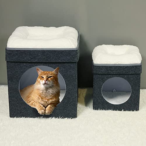 Bonlife Winter Felt Small Cat House Indoor,Foldable Pets Bed Cave Kennel with Two Move Cushion,Dog Bed Warm Comfortable
