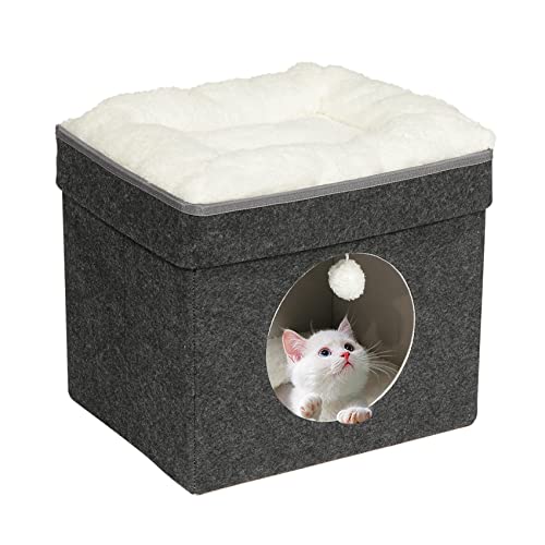 Bonlife Winter Felt Small Cat House Indoor,Foldable Pets Bed Cave Kennel with Two Move Cushion,Dog Bed Warm Comfortable