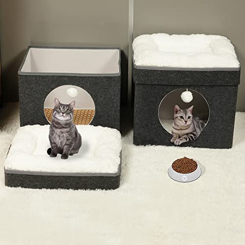 Bonlife Winter Felt Small Cat House Indoor,Foldable Pets Bed Cave Kennel with Two Move Cushion,Dog Bed Warm Comfortable
