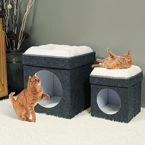 Bonlife Winter Felt Small Cat House Indoor,Foldable Pets Bed Cave Kennel with Two Move Cushion,Dog Bed Warm Comfortable