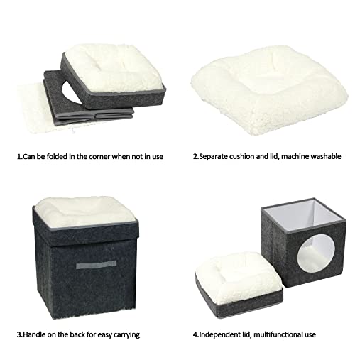 Bonlife Winter Felt Small Cat House Indoor,Foldable Pets Bed Cave Kennel with Two Move Cushion,Dog Bed Warm Comfortable