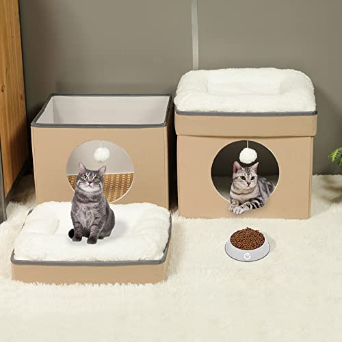 Bonlife Winter Felt Small Cat House Indoor,Foldable Pets Bed Cave Kennel with Two Move Cushion,Dog Bed Warm Comfortable