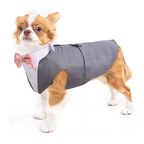 Dog Tuxedo Suit, Dog Clothes Coton Wedding Party Costume Puppy Formal Outfit Festival Shirt Coat Apparel with Detachable Bow Tie Bandana