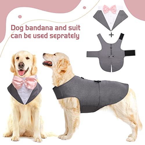 Dog Tuxedo Suit, Dog Clothes Coton Wedding Party Costume Puppy Formal Outfit Festival Shirt Coat Apparel with Detachable Bow Tie Bandana