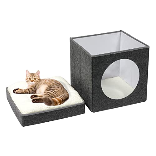 Bonlife Winter Felt Small Cat House Indoor,Foldable Pets Bed Cave Kennel with Two Move Cushion,Dog Bed Warm Comfortable