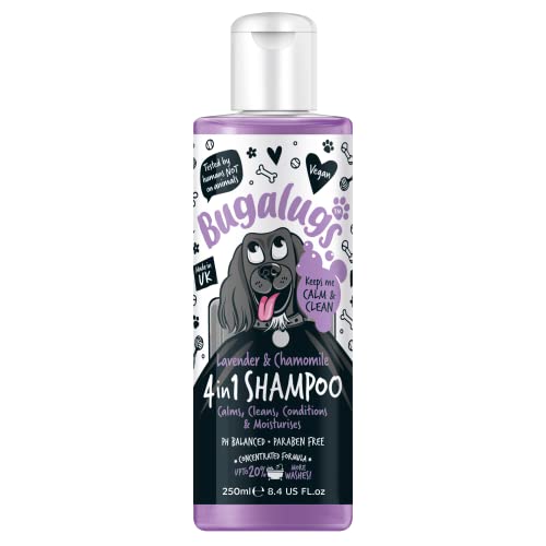 Dog Shampoo by Bugalugs lavender & chamomile 4 in 1 dog grooming shampoo products for smelly dogs with fragrance, best puppy shampoo, professional groom Vegan pet shampoo & conditioner