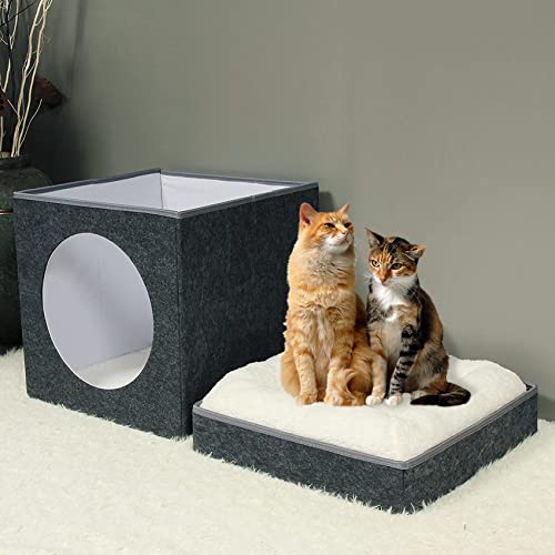 Bonlife Winter Felt Small Cat House Indoor,Foldable Pets Bed Cave Kennel with Two Move Cushion,Dog Bed Warm Comfortable
