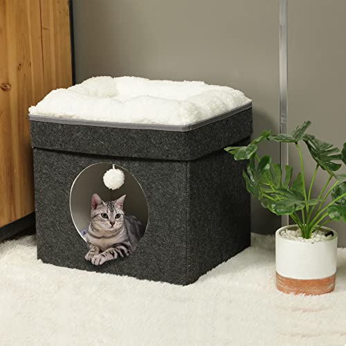 Bonlife Winter Felt Small Cat House Indoor,Foldable Pets Bed Cave Kennel with Two Move Cushion,Dog Bed Warm Comfortable