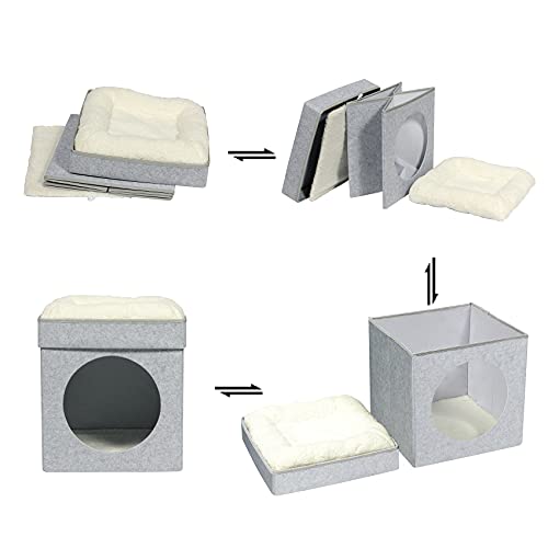 Bonlife Winter Felt Small Cat House Indoor,Foldable Pets Bed Cave Kennel with Two Move Cushion,Dog Bed Warm Comfortable