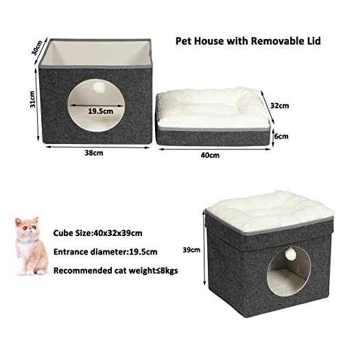 Bonlife Winter Felt Small Cat House Indoor,Foldable Pets Bed Cave Kennel with Two Move Cushion,Dog Bed Warm Comfortable