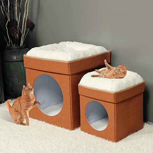 Bonlife Winter Felt Small Cat House Indoor,Foldable Pets Bed Cave Kennel with Two Move Cushion,Dog Bed Warm Comfortable