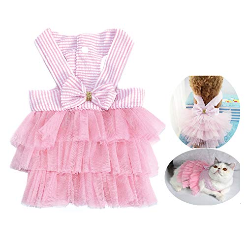 VANVENE Pet Dog Dresses for Small Dogs, Puppy Kitten Bowknot Striped Mesh Vest Tutu Princess Fancy Dress Skirt Apparel Supplies for Pomeranian Chihuahua Small Breed Dogs Cats Doggy