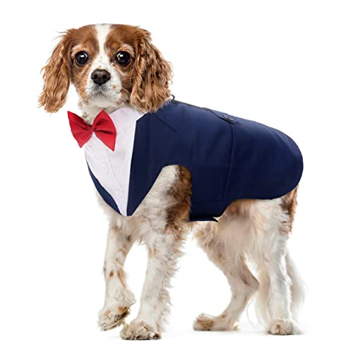 Dog Tuxedo Suit, Dog Clothes Coton Wedding Party Costume Puppy Formal Outfit Festival Shirt Coat Apparel with Detachable Bow Tie Bandana