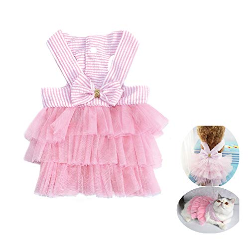 VANVENE Pet Dog Dresses for Small Dogs, Puppy Kitten Bowknot Striped Mesh Vest Tutu Princess Fancy Dress Skirt Apparel Supplies for Pomeranian Chihuahua Small Breed Dogs Cats Doggy