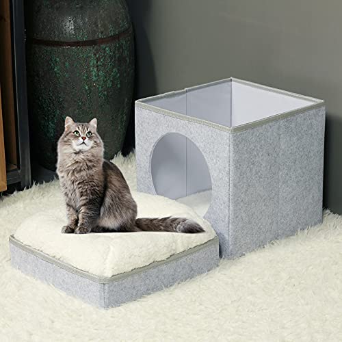 Bonlife Winter Felt Small Cat House Indoor,Foldable Pets Bed Cave Kennel with Two Move Cushion,Dog Bed Warm Comfortable
