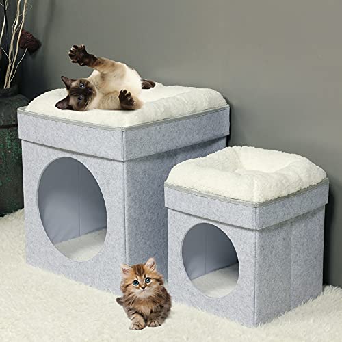 Bonlife Winter Felt Small Cat House Indoor,Foldable Pets Bed Cave Kennel with Two Move Cushion,Dog Bed Warm Comfortable