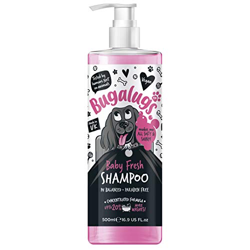 BUGALUGS Baby Fresh Dog Shampoo 500ml dog grooming shampoo products for smelly dogs with baby powder scent, best puppy shampoo baby fresh, shampoo conditioner, Vegan pet shampoo professional